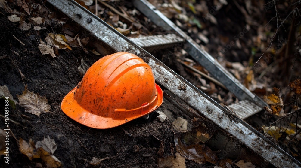 Orange Safety Helmet Left Behind on a Construction Site Orange Safety Helmet Left Behind on a Construction Site