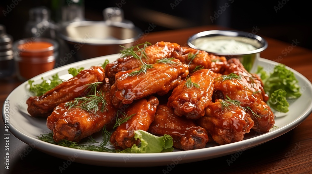 Up-close look at buffalo wings, highlighting tasty textures, front view from above, studio lighting, white background. Up-close look at buffalo wings, highlighting tasty textures, front view from above, studio lighting, white background.