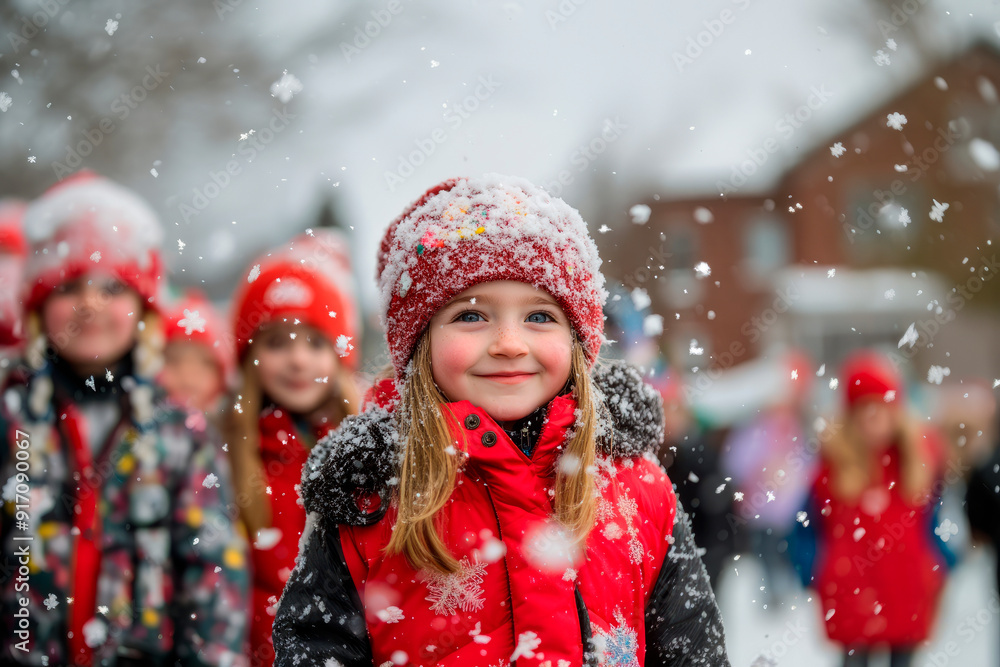 Smiling child in red coat enjoying a snowy holiday parade Smiling child in red coat enjoying a snowy holiday parade