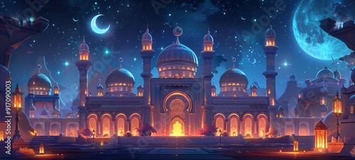 Mosque. A glowing mosque with a crescent moon and stars in the background. The detailed architecture and vibrant lighting evoke a spiritual and festive atmosphere. Perfect for religious themes. 