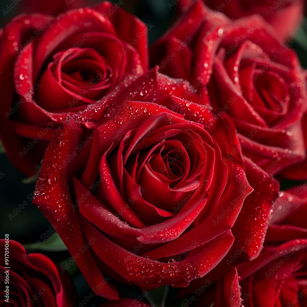 Dew-Kissed Red Roses in Full Bloom Close-Up with Water Droplets Dew-Kissed Red Roses in Full Bloom Close-Up with Water Droplets