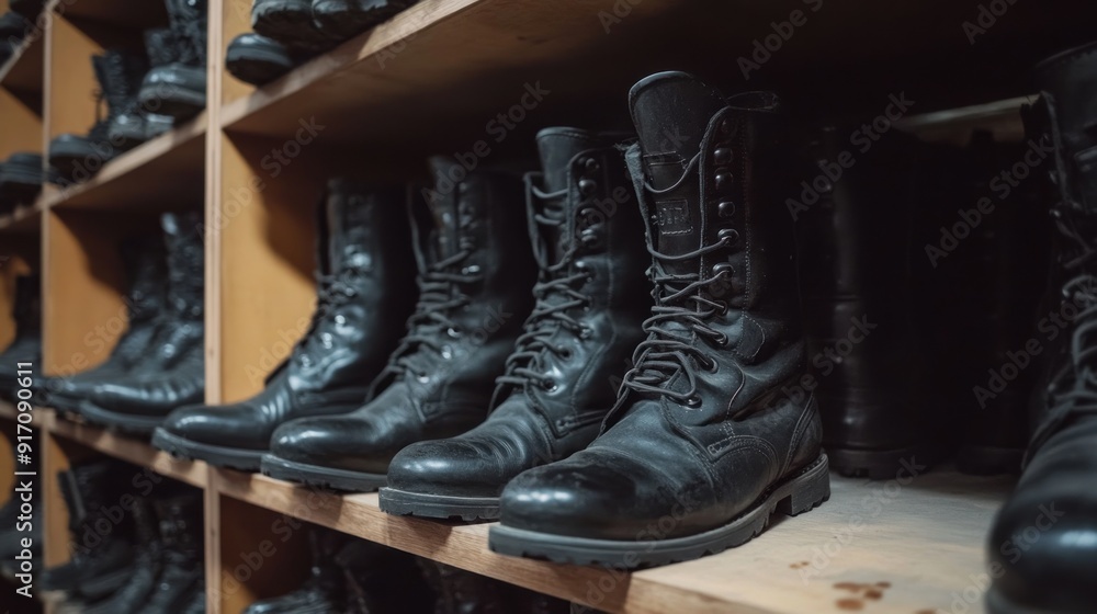 Close-up of black leather boots arranged on wooden shelves Close-up of black leather boots arranged on wooden shelves