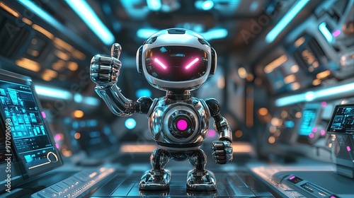 Whimsical Cartoon Robot Thumbs Up: A Shiny Metal Mascot with LED Lights, Perfect for Futuristic Tech Lab Posters or Sports Interior Decor!