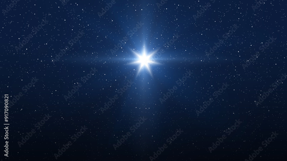 Obraz premium Bright Star on sky. Christmas star of the Nativity of Bethlehem, Nativity of Jesus Christ. Background of the beautiful dark blue starry sky.