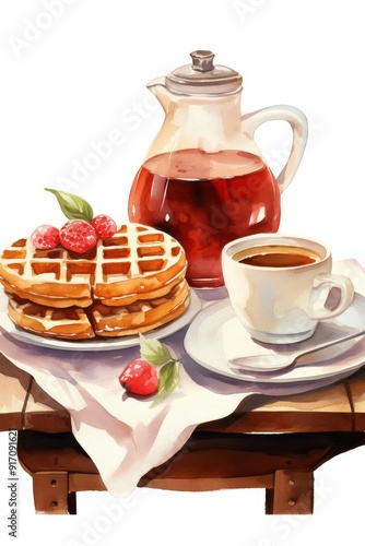 A delightful breakfast scene featuring waffles, a cup of coffee, and a pitcher of tea on a rustic table setting.