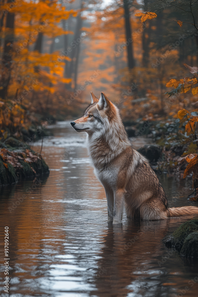 A silent forest stream with smooth, reflective waters, where a lone wolf stands quietly, observing the surroundings, A silent forest stream with smooth, reflective waters, where a lone wolf stands quietly, observing the surroundings,