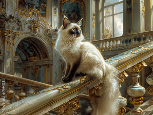 A Siamese cat is sitting on a railing in a palace. The cat is looking at the camera with a curious expression. The palace setting gives the image a sense of luxury and elegance photo