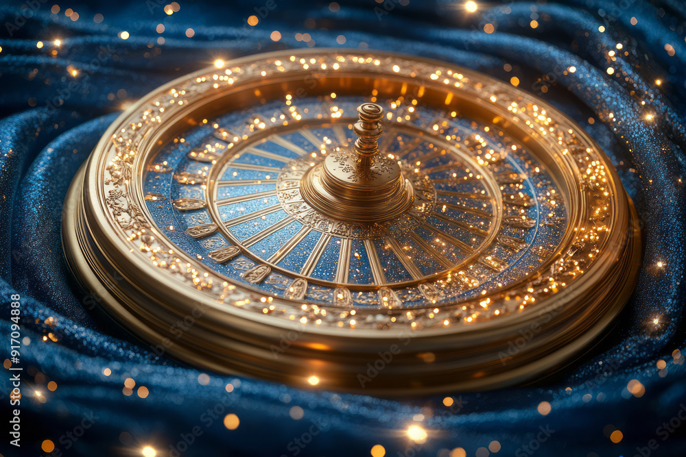 A golden Wheel of Fortune spinning slowly against a deep blue velvet background, with twinkling stars, A golden Wheel of Fortune spinning slowly against a deep blue velvet background, with twinkling stars,