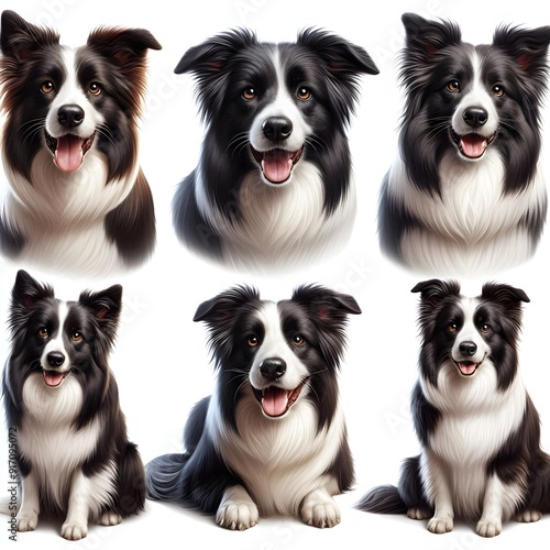 Generative AI A collection of six dogs, prominently including a border collie, each displaying unique characteristics.