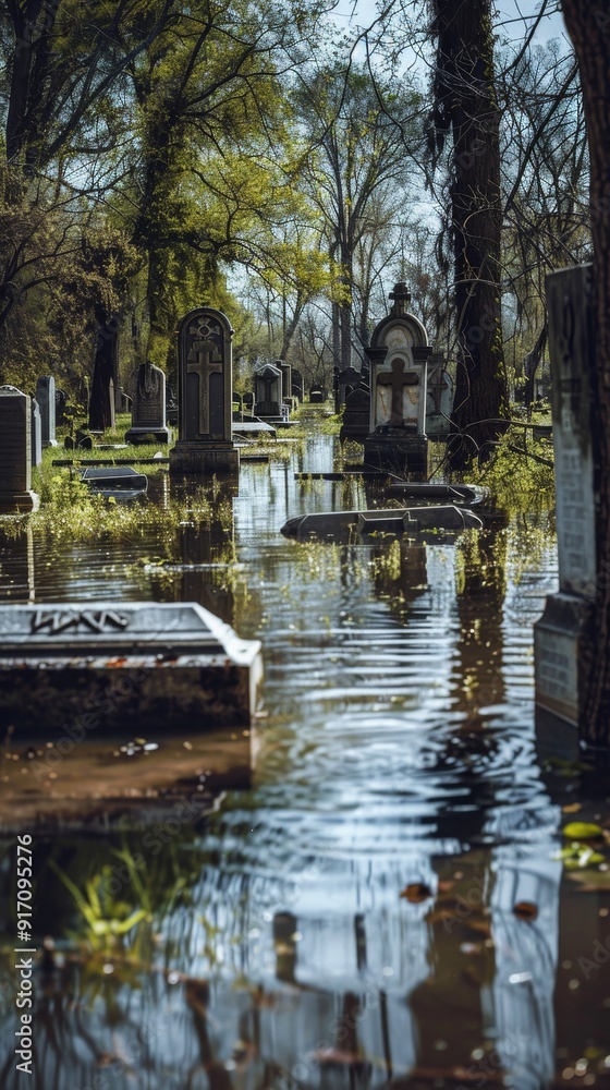 A cemetery with a pond in the middle A cemetery with a pond in the middle