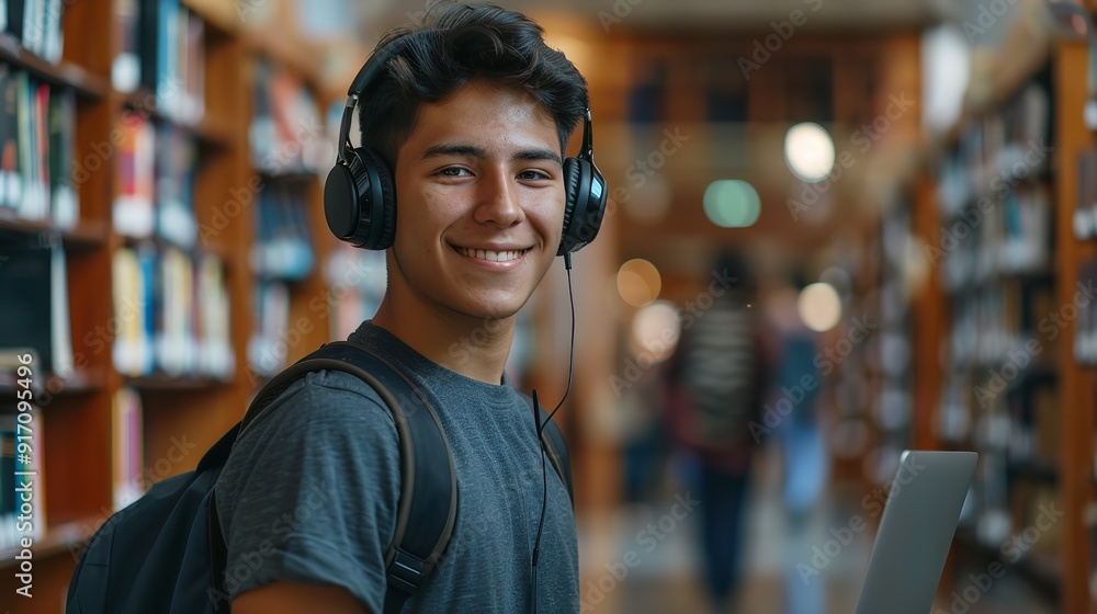 An image of a Latino student holding headphones. Generative Ai An image of a Latino student holding headphones. Generative Ai