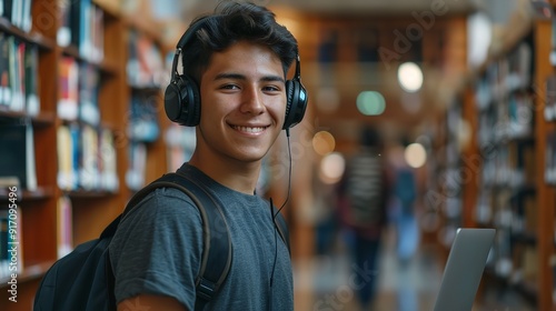 An image of a Latino student holding headphones. Generative Ai