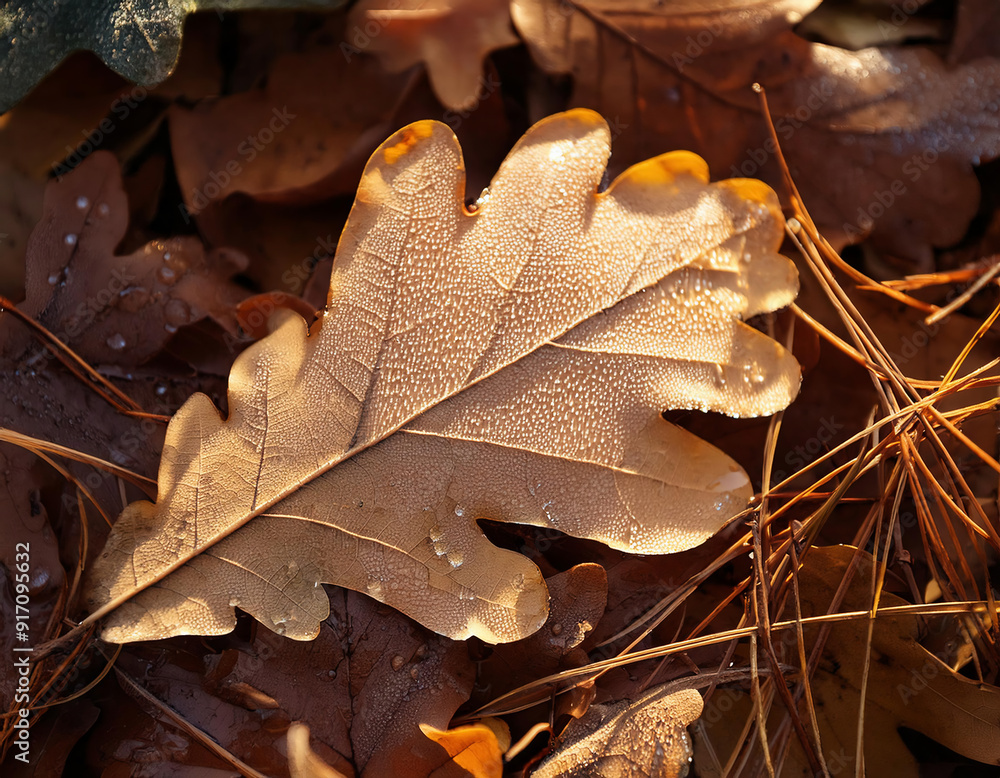 closeup of morning dew on dry golden leaf of oak tree fallen on ground in forest closeup of morning dew on dry golden leaf of oak tree fallen on ground in forest
