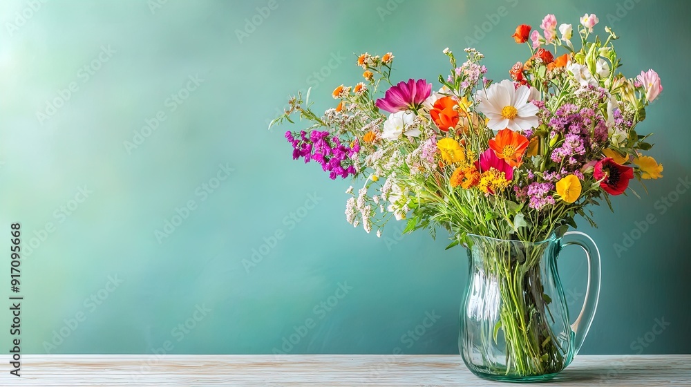 Charming Wildflower Arrangement in Rustic Glass Pitcher: Perfect Poster Decor for a Light and Fresh Mint Green Wall Interior Charming Wildflower Arrangement in Rustic Glass Pitcher: Perfect Poster Decor for a Light and Fresh Mint Green Wall Interior