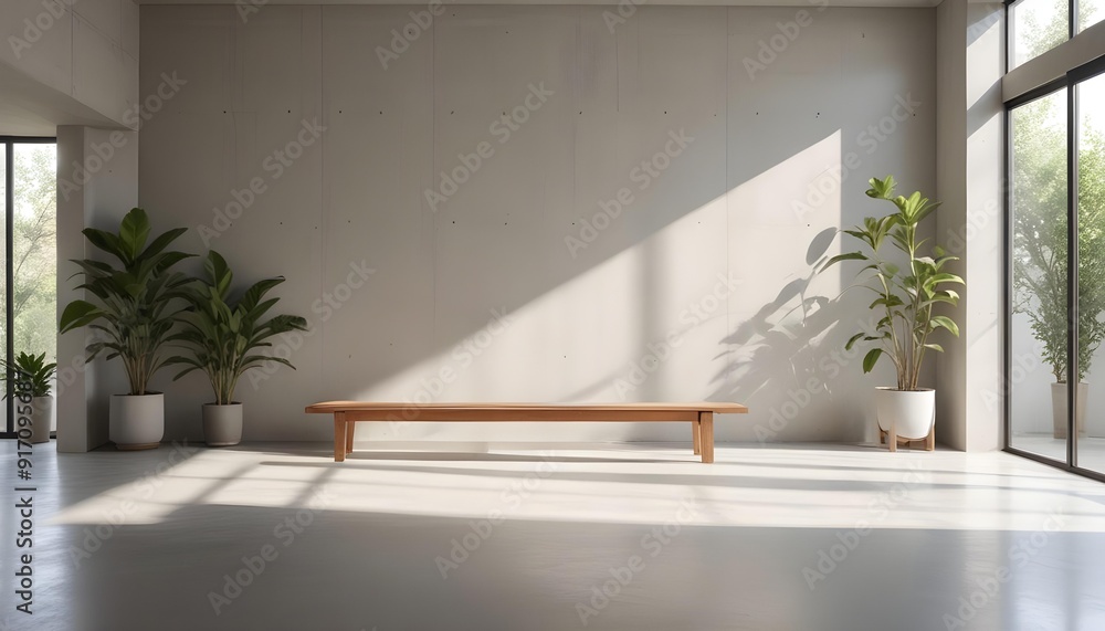 A minimalist indoor space with concrete walls, a wooden bench, and a potted plant. The room is filled with natural light from a large window or glass door. A minimalist indoor space with concrete walls, a wooden bench, and a potted plant. The room is filled with natural light from a large window or glass door.