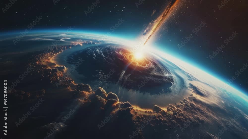 Meteor streaking towards planet earth, seamless 4K virtual video animation background Meteor streaking towards planet earth, seamless 4K virtual video animation background