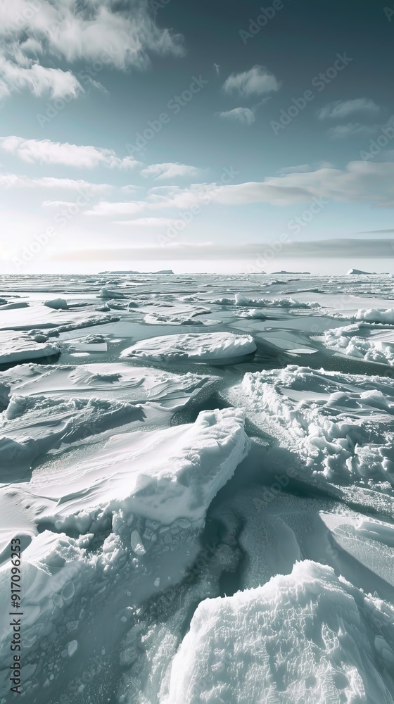 A desolate, icy landscape with a few clouds in the sky A desolate, icy landscape with a few clouds in the sky