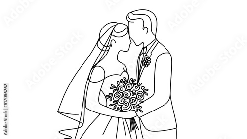 line drawing of happy groom bride standing at wedding