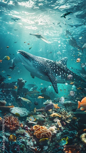 A beautiful underwater scene with many fish swimming around