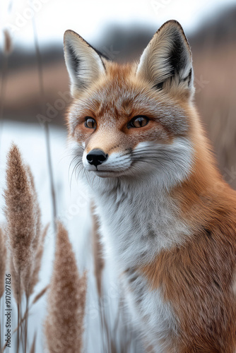 A serene riverside with tall grasses swaying gently in the breeze, observed by a silent fox peering through the reeds,