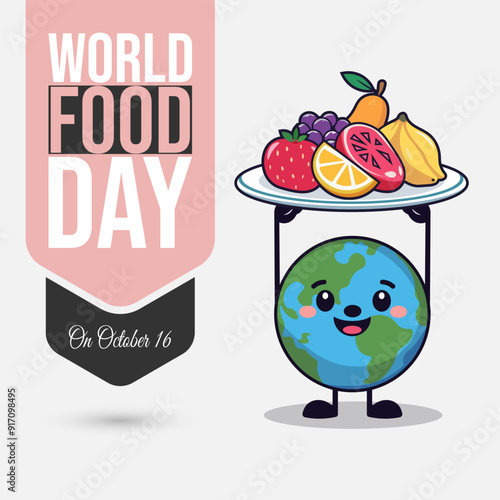 World Food Day Celebration on October 16 Vector Clip Art Background. Cute 2D Cartoon Globe Holding Food Plate Full of Vegetable.