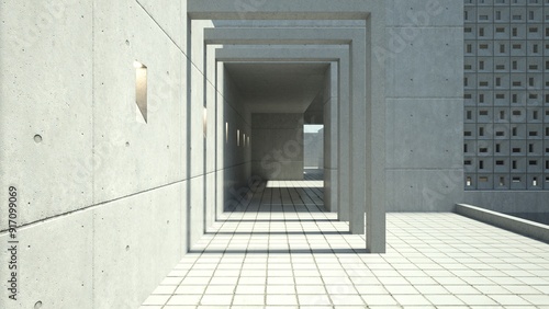 3D illustration of a Brutalist architecture style corridor with repetitive geometric structures and harsh sunlight casting sharp shadows.