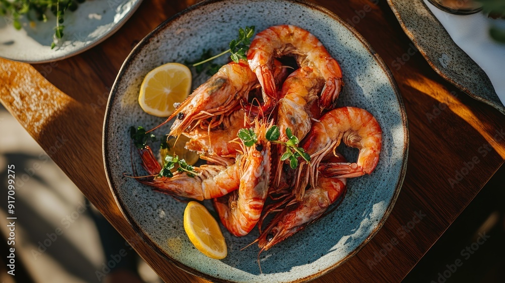 seafood – tiger prawns. a beautiful dish with cooked shrimp, at a summer table in a cafe by the sea. seafood – tiger prawns. a beautiful dish with cooked shrimp, at a summer table in a cafe by the sea.