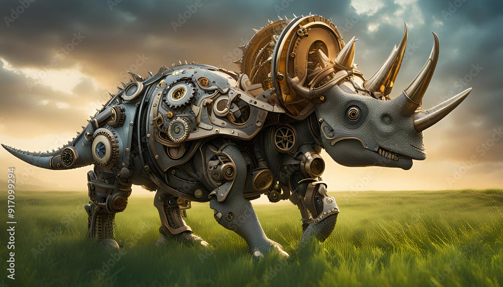 steampunk triceratops walking in the meadow steampunk triceratops walking in the meadow