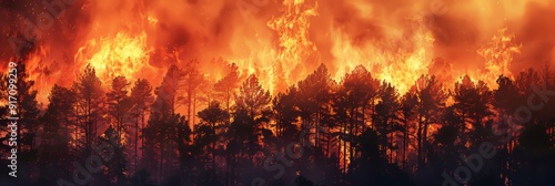 A forest fire is raging through a wooded area