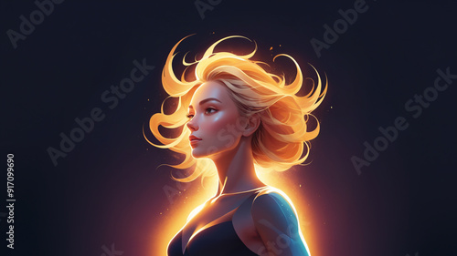 A confident woman with flowing, golden hair stands illuminated by a radiant light, exuding power and elegance against a dark background.