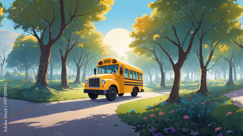 A bright yellow school bus drives down a peaceful, tree-lined road on a sunny day, with soft sunlight filtering through the trees, evoking a sense of nostalgia and serenity.