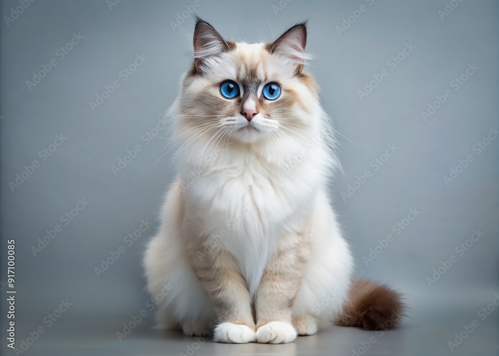 Adorable fluffy ragdoll cat with soft fur and bright blue eyes sits alone on a clear background, showcasing its gentle and cuddly nature perfectly. Adorable fluffy ragdoll cat with soft fur and bright blue eyes sits alone on a clear background, showcasing its gentle and cuddly nature perfectly.