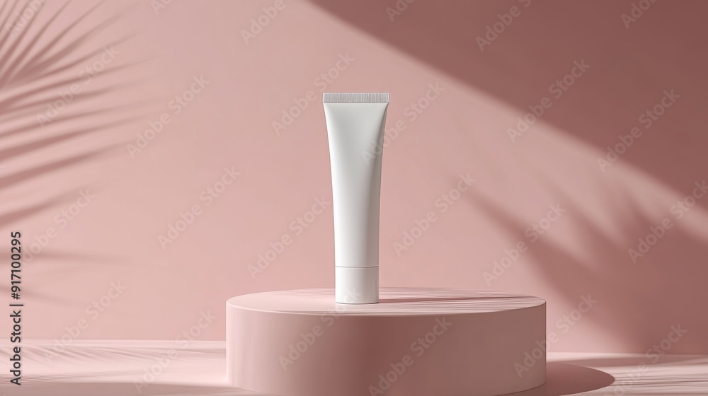 White cosmetic tube on pink pedestal with White cosmetic tube on pink pedestal with