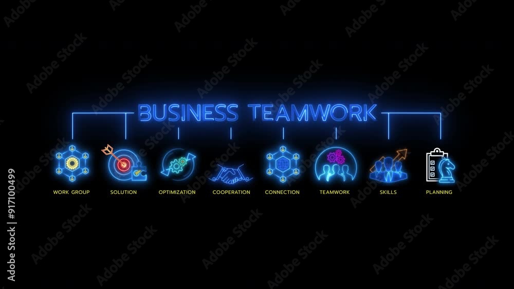 Glowing neon line banner of BUSINESS TEAMWORK concept with icons of work group, solution, optimization, cooperation, connection, teamwork, skills and planning isolated on transparent background. Glowing neon line banner of BUSINESS TEAMWORK concept with icons of work group, solution, optimization, cooperation, connection, teamwork, skills and planning isolated on transparent background.