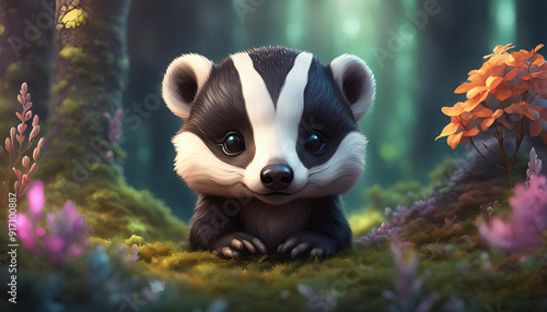 Cute baby Badger, in a magical forest