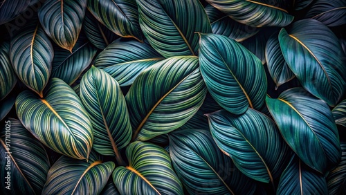 Detailed closeup of tropical black leaves reveals intricate texture and veins, creating a striking abstract nature pattern background with dark, moody tone processing.