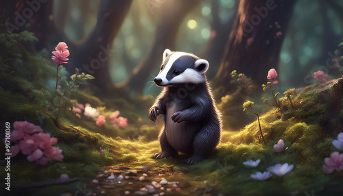 Cute baby Badger, in a magical forest