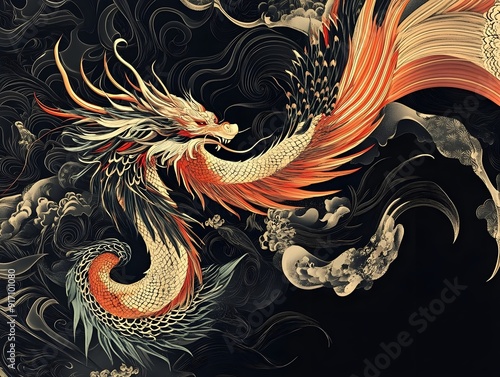 Flying painted dragon on black background, best graphic resources