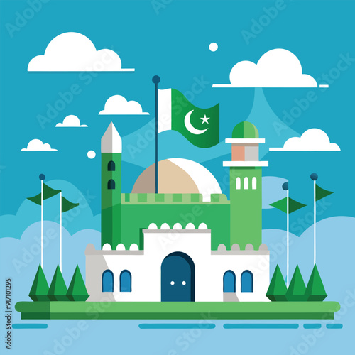 Mizar e quaid Pakistan Independence day theme with pakistani flag and patriotic concept photo