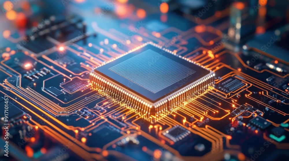 A close-up of a microchip embedded within a larger electronic device A close-up of a microchip embedded within a larger electronic device