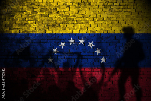 venezuela flag painting on brick wall and Protesters shadow