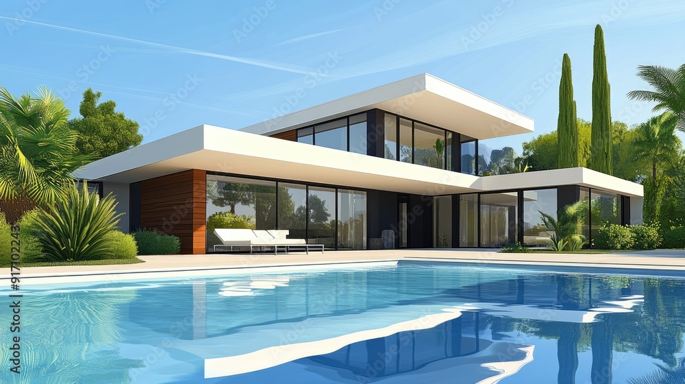Fototapeta premium A modern villa with a pool and clear space for branding or text