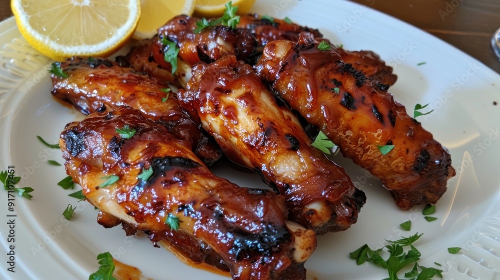 Close-up of BBQ Chicken Wings on White Plate Close-up of BBQ Chicken Wings on White Plate
