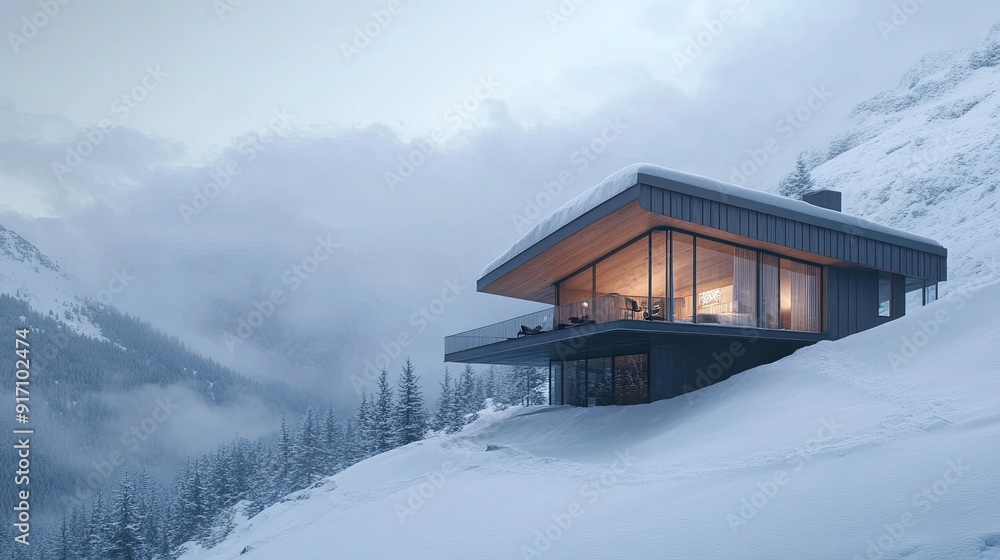 A sleek mountain cabin with a balcony and space for text in the sky A sleek mountain cabin with a balcony and space for text in the sky