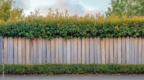 Wooden Fence with Green Bushes photo