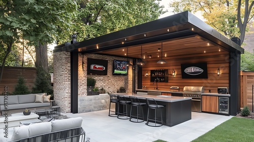An aesthetic modern outdoor man cave with a sports theme