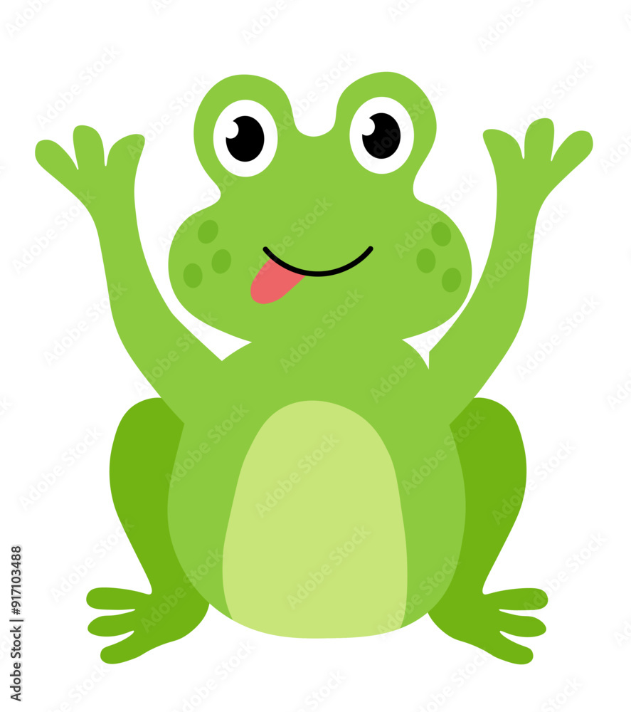 Obraz premium Cute frog sit and show tongue. Children Hand drawn vector flat illustration.