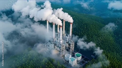 Drone view of CCS facility capturing CO2 emissions from industrial processes and power plants