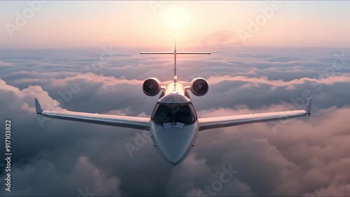 3d luxurious travel scene of private jet soaring above clouds at sunset - travel concept