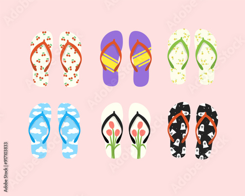 flip flops set Set of colored flip flops with different patterns. Vector illustration 